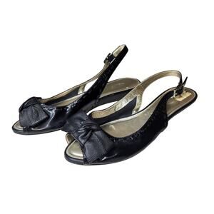 Talbots Black Leather Slingback Peep Toe Low Wedge Shoes Bow  6.5